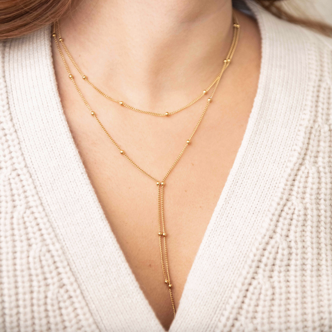 Beaded Double Chain Lariat Necklace