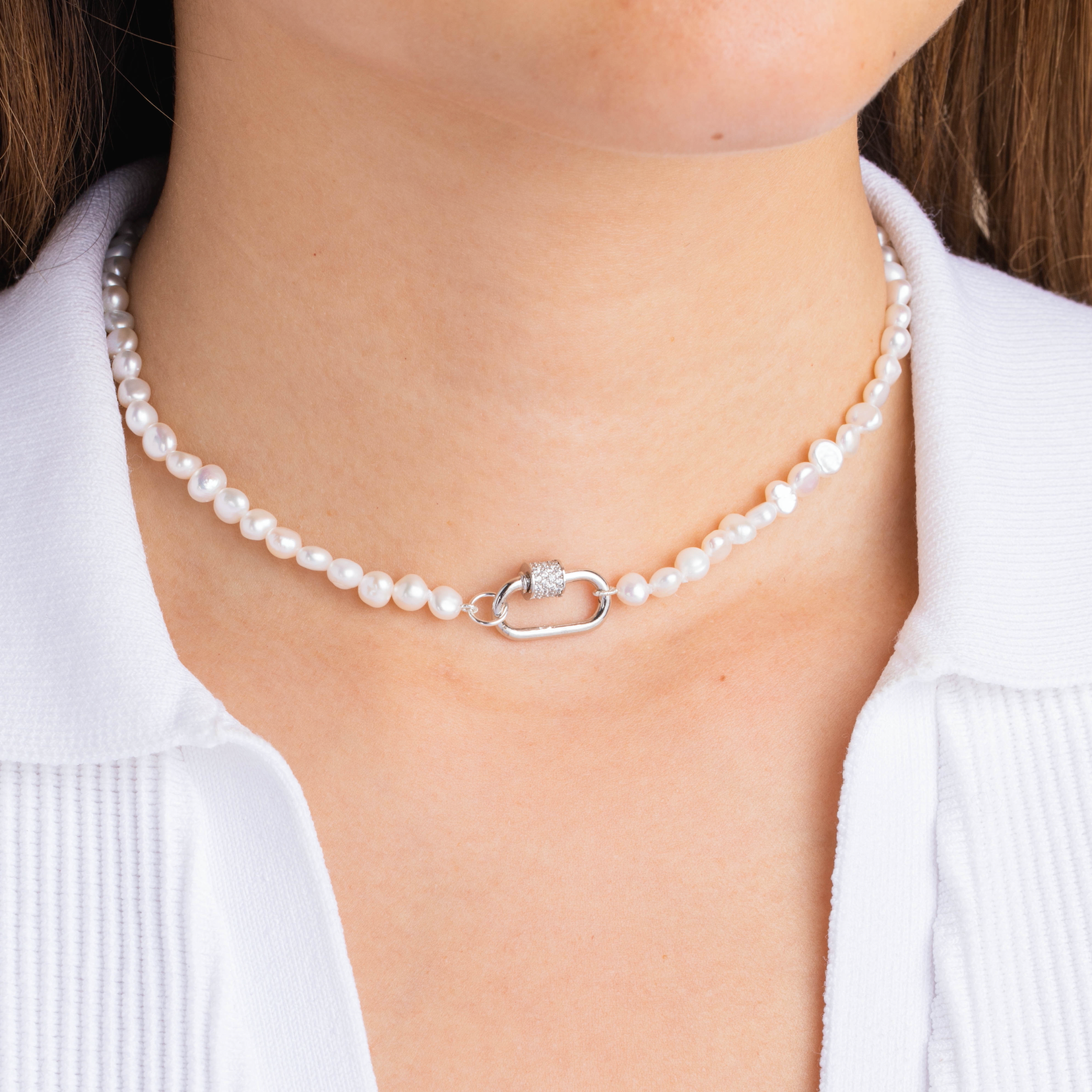 CZ Lock Clasp Pearl Necklace