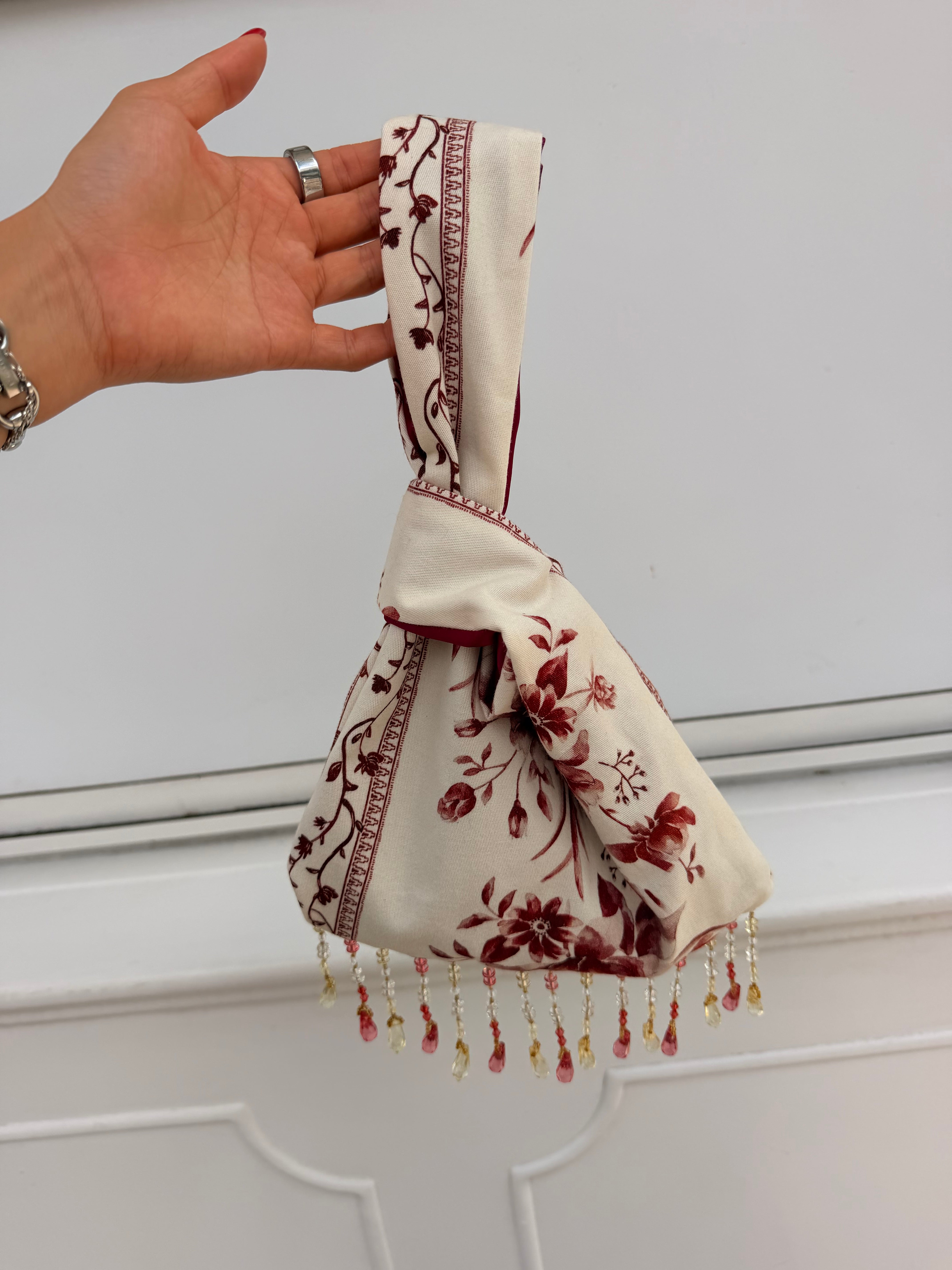 Burgundy and Cream Floral Japanese Knot Bag
