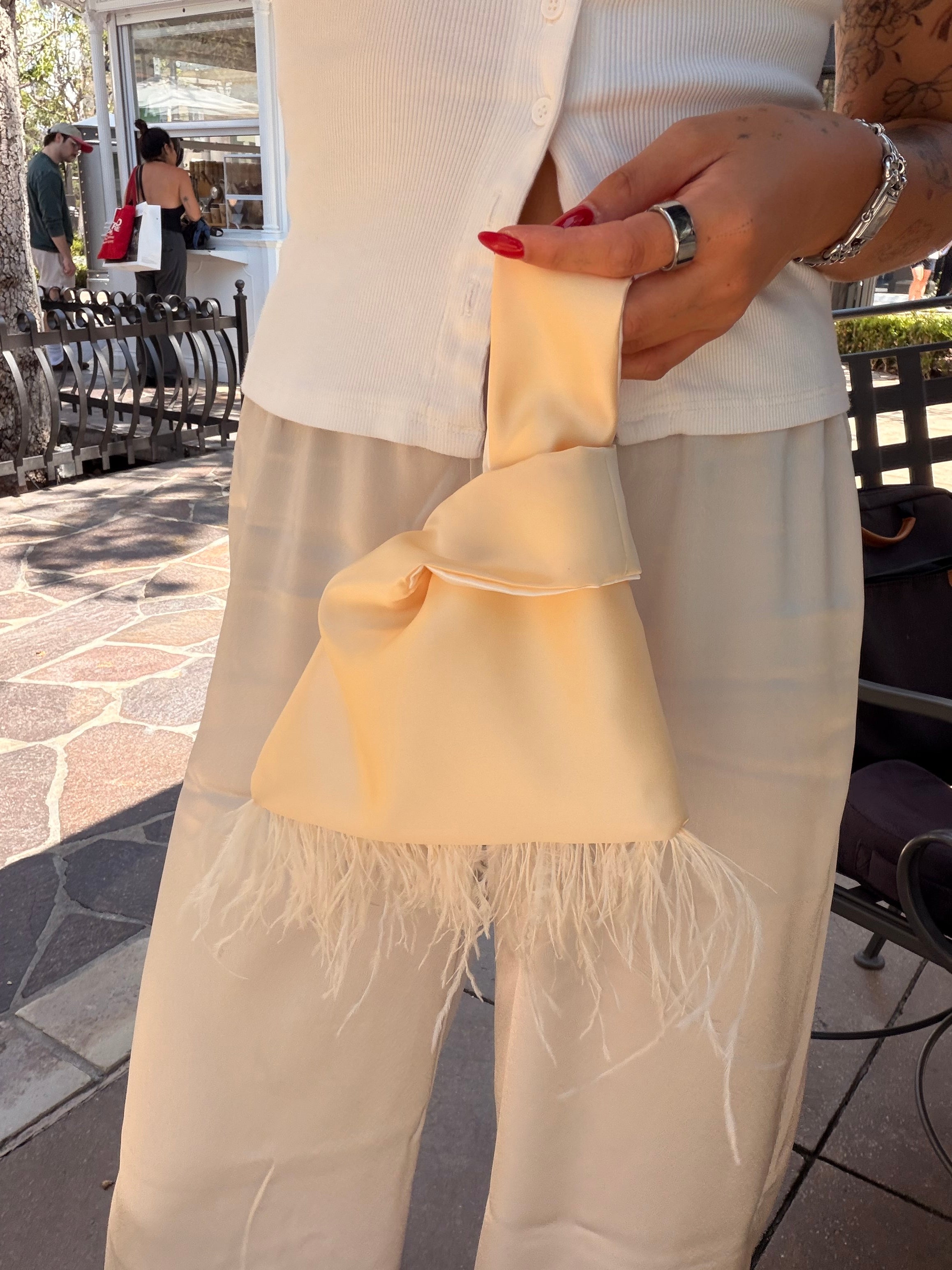 Baby Yellow with Feather Fringe Japanese Knot Bag