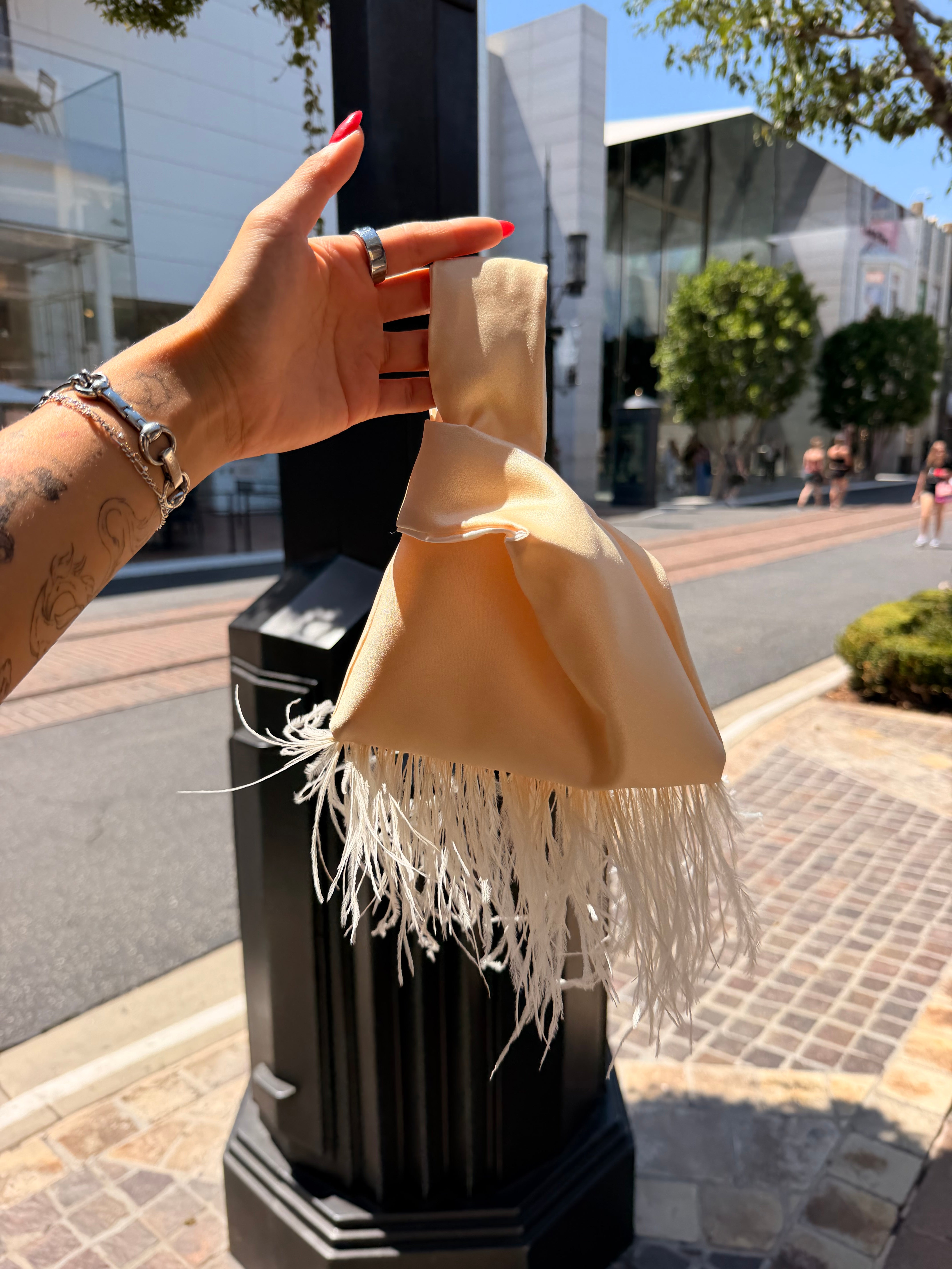 Baby Yellow with Feather Fringe Japanese Knot Bag
