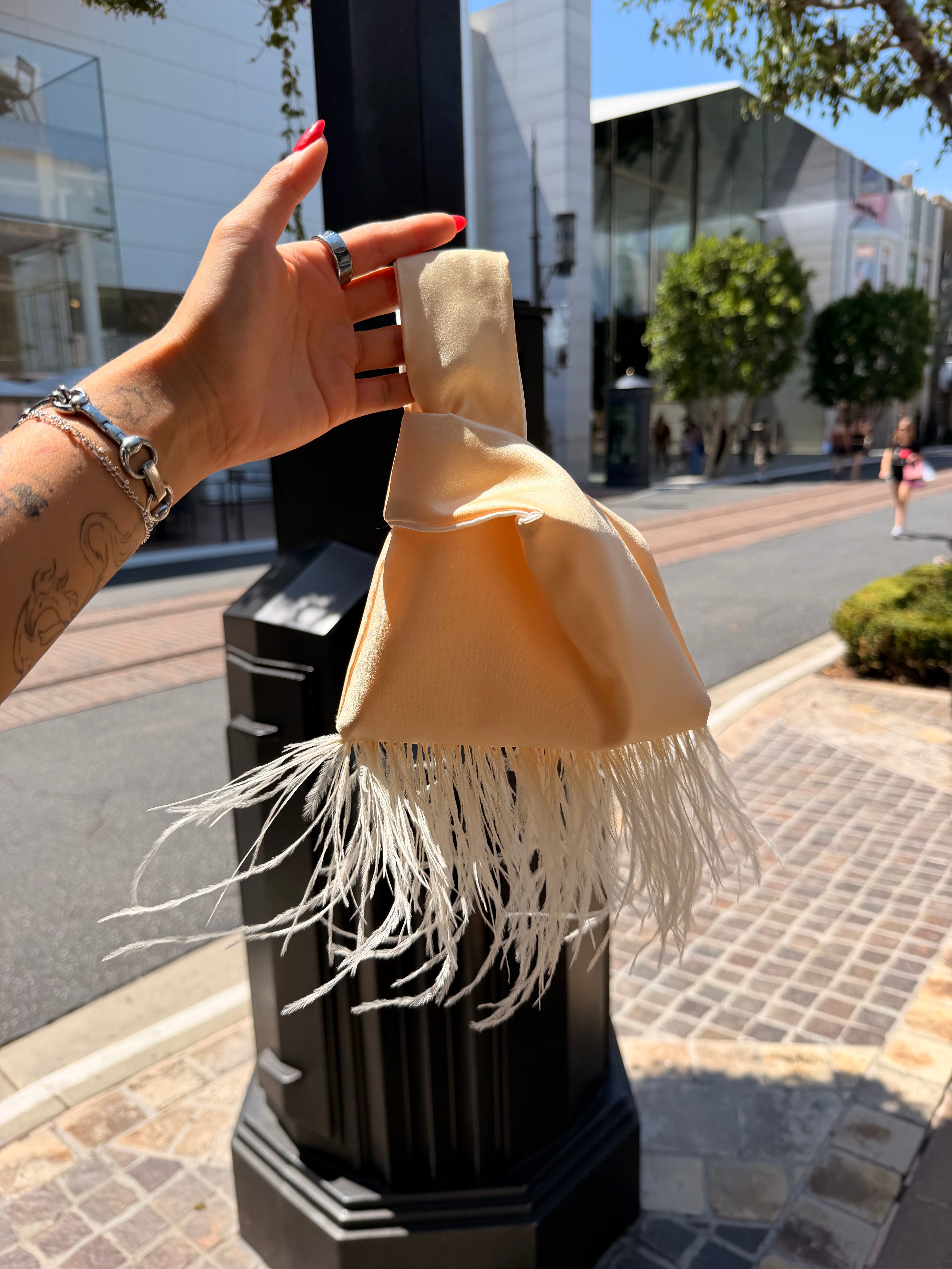 Baby Yellow with Feather Fringe Japanese Knot Bag