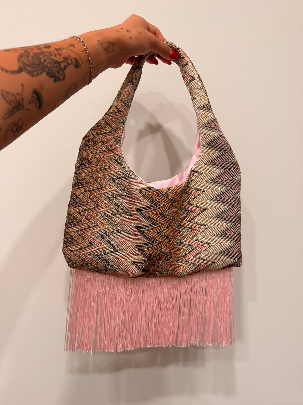 Handmade Shoulder Bag with Pink Fringe