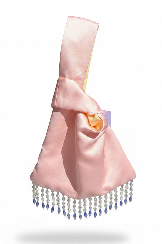 Baby Pink with Blue Beaded Fringe Japanese Knot Bag