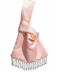 Baby Pink with Blue Beaded Fringe Japanese Knot Bag