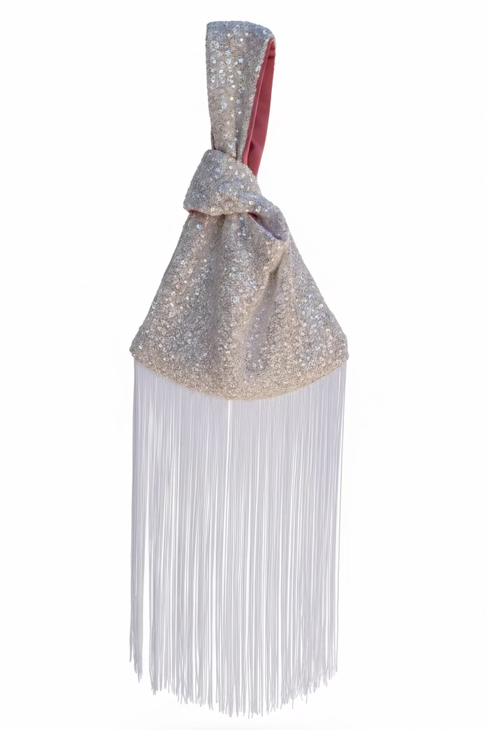 Sparkle White with Pink Lining Japanese Knot Bag