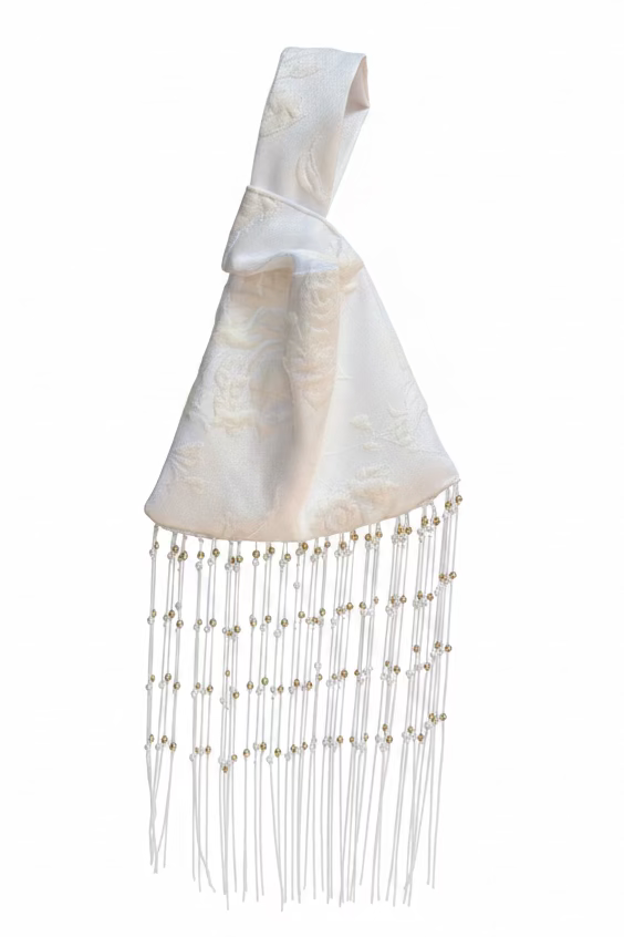White Floral Gold and Pearl Fringe Japanese Knot Bag