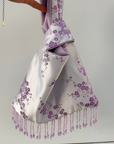 Lilac Floral Satin Bag with Purple Beaded Fringe