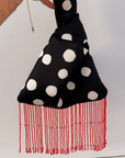 Polka Dot Red Beaded Fringe Satin Bag