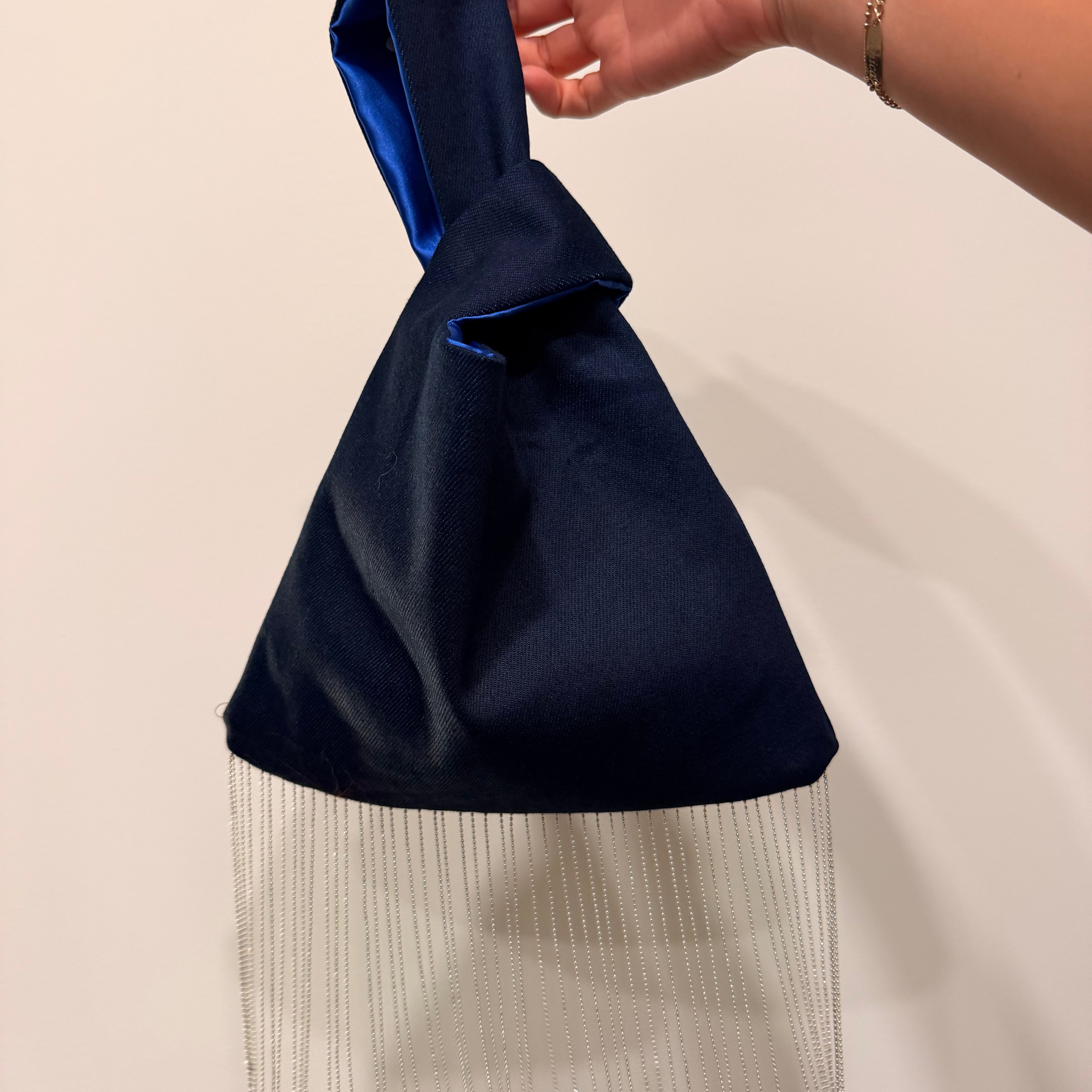 Denim Japanese Knot Bag with Silver Beaded Fringe