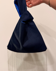 Denim Japanese Knot Bag with Silver Beaded Fringe