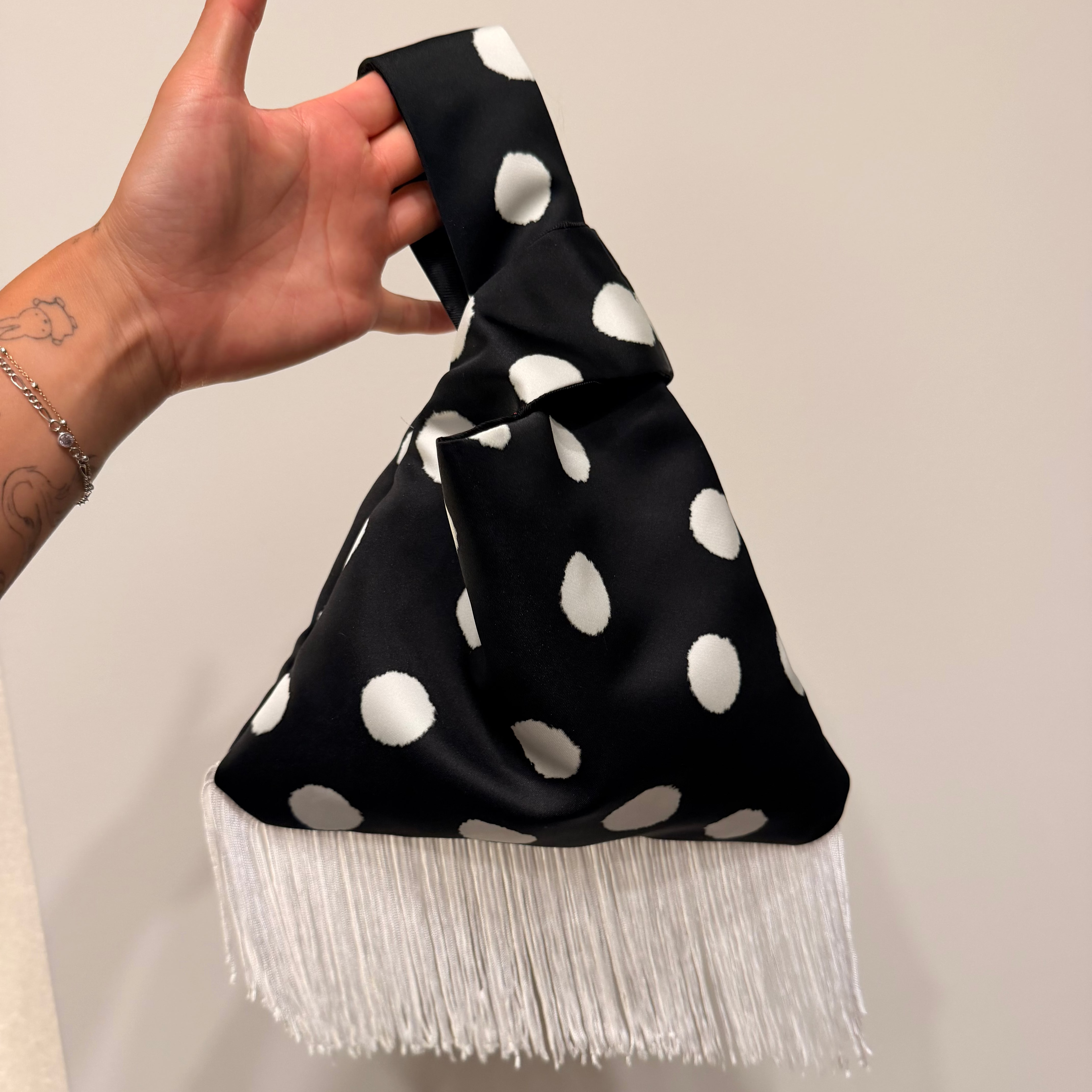 Polka Dot White Fringe Japanese Knot Bag