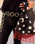 Polka Dot Red Beaded Fringe Satin Bag