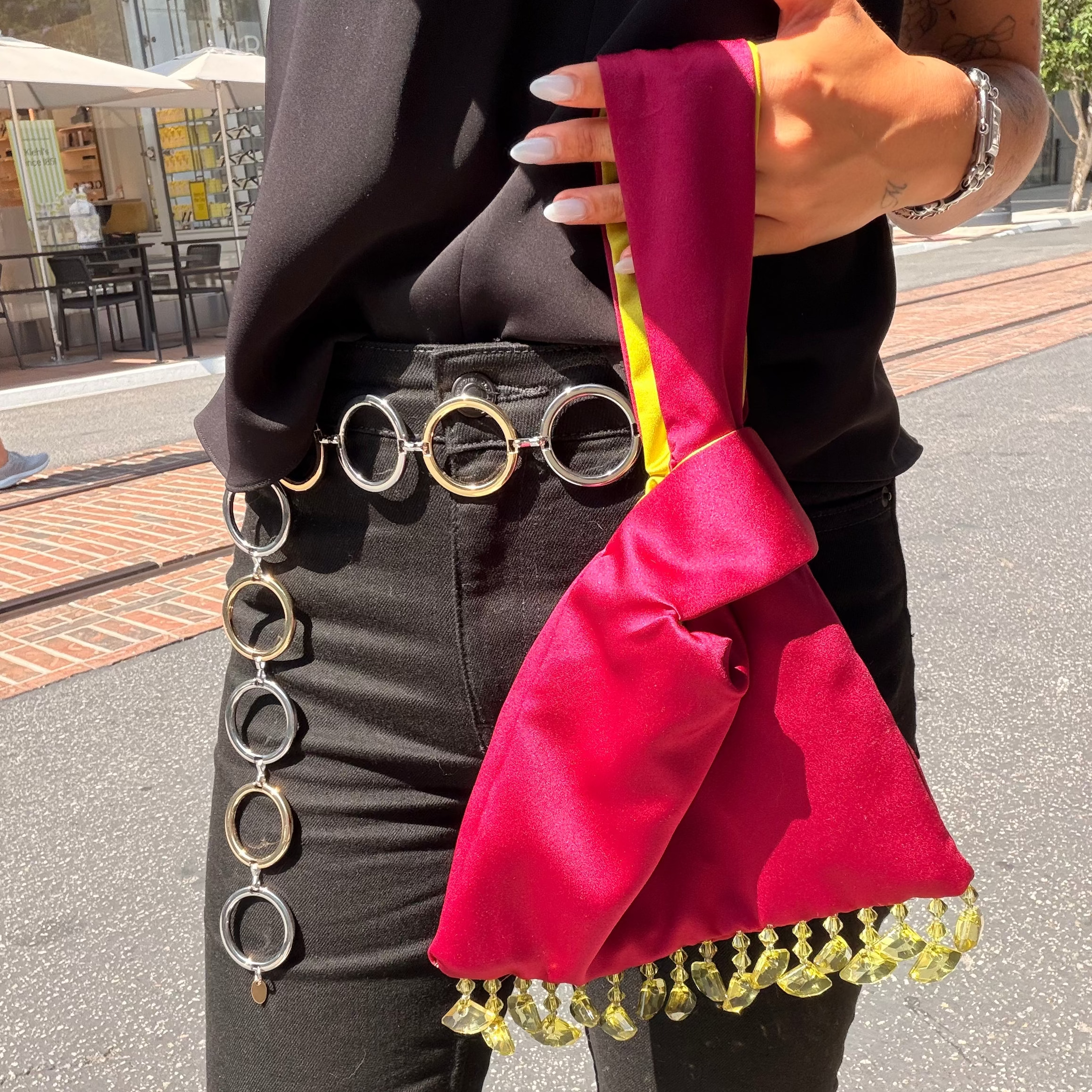 Burgundy and Chartreuse Japanese Knot Bag