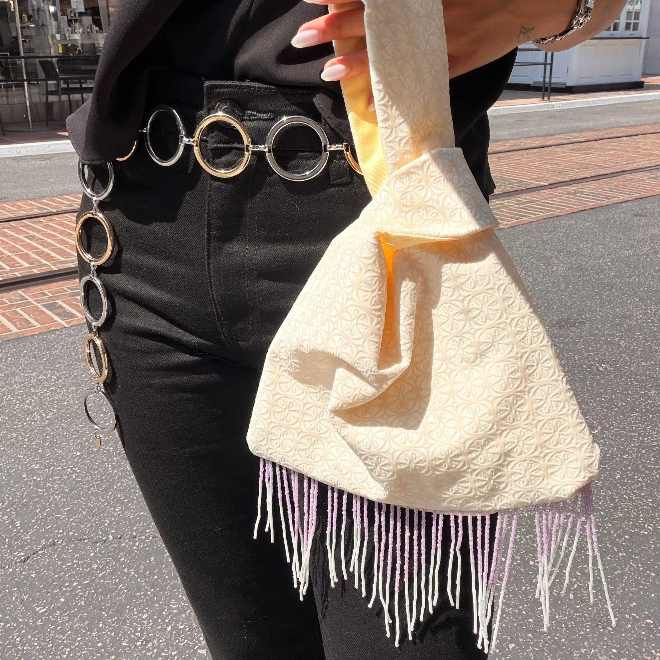 Cream Pattern Japanese Knot Bag