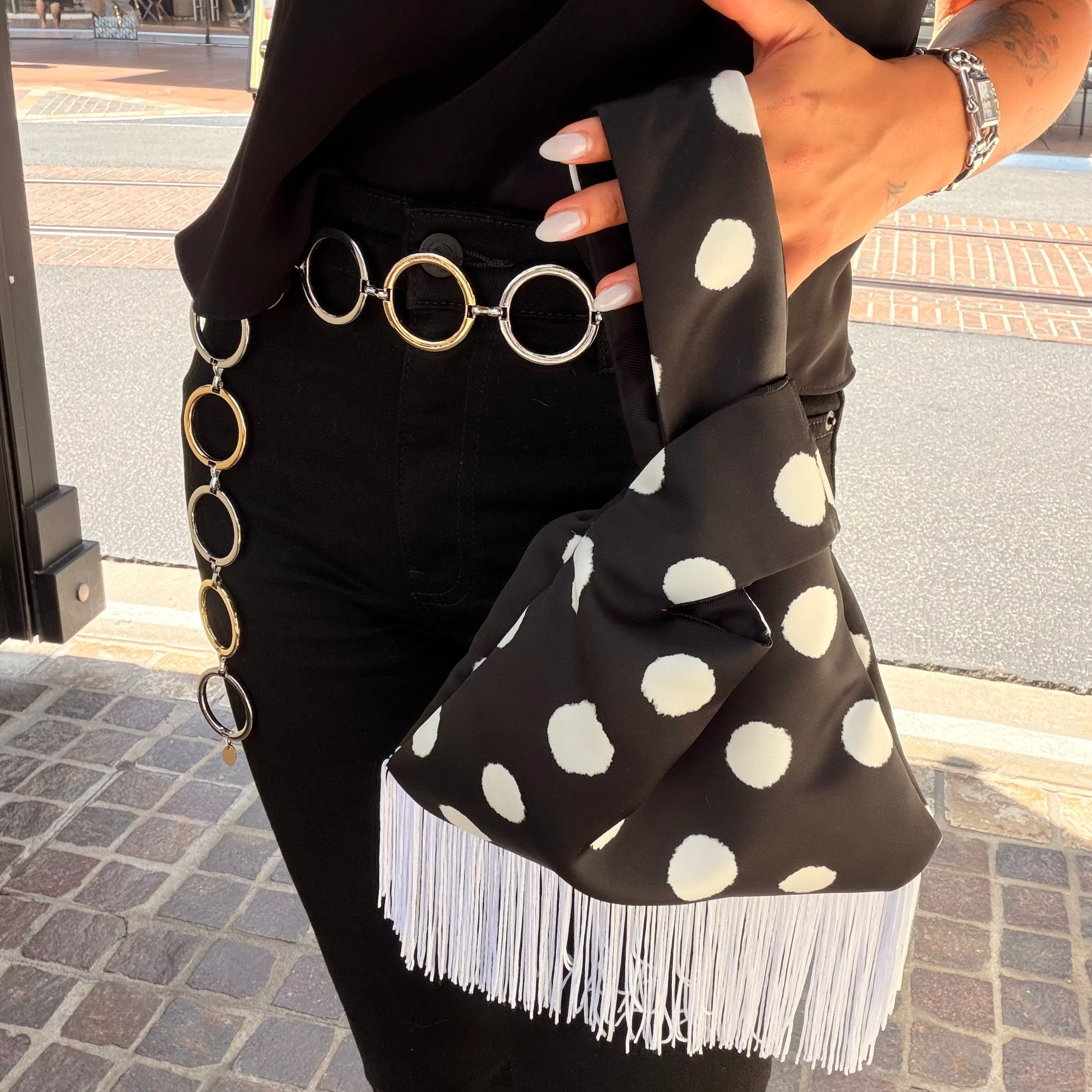 Polka Dot White Fringe Japanese Knot Bag