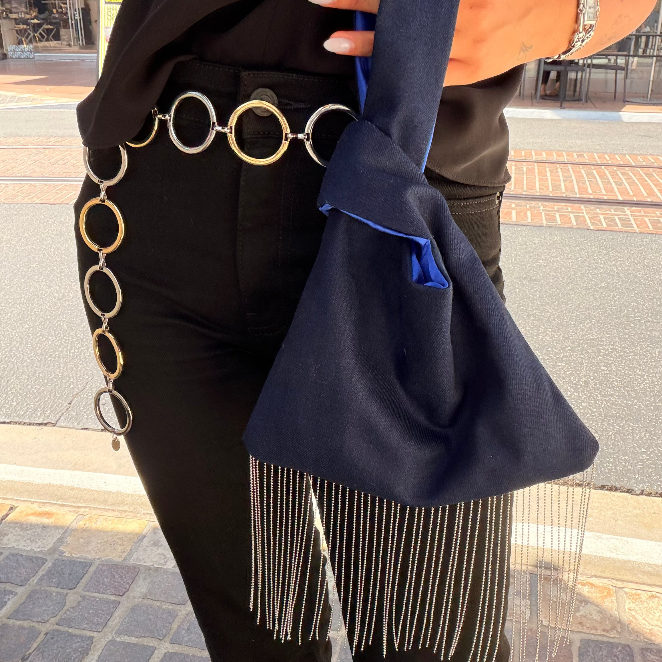 Denim Japanese Knot Bag with Silver Beaded Fringe