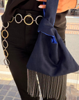 Denim Japanese Knot Bag with Silver Beaded Fringe