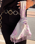 Lilac Floral Satin Bag with Purple Beaded Fringe