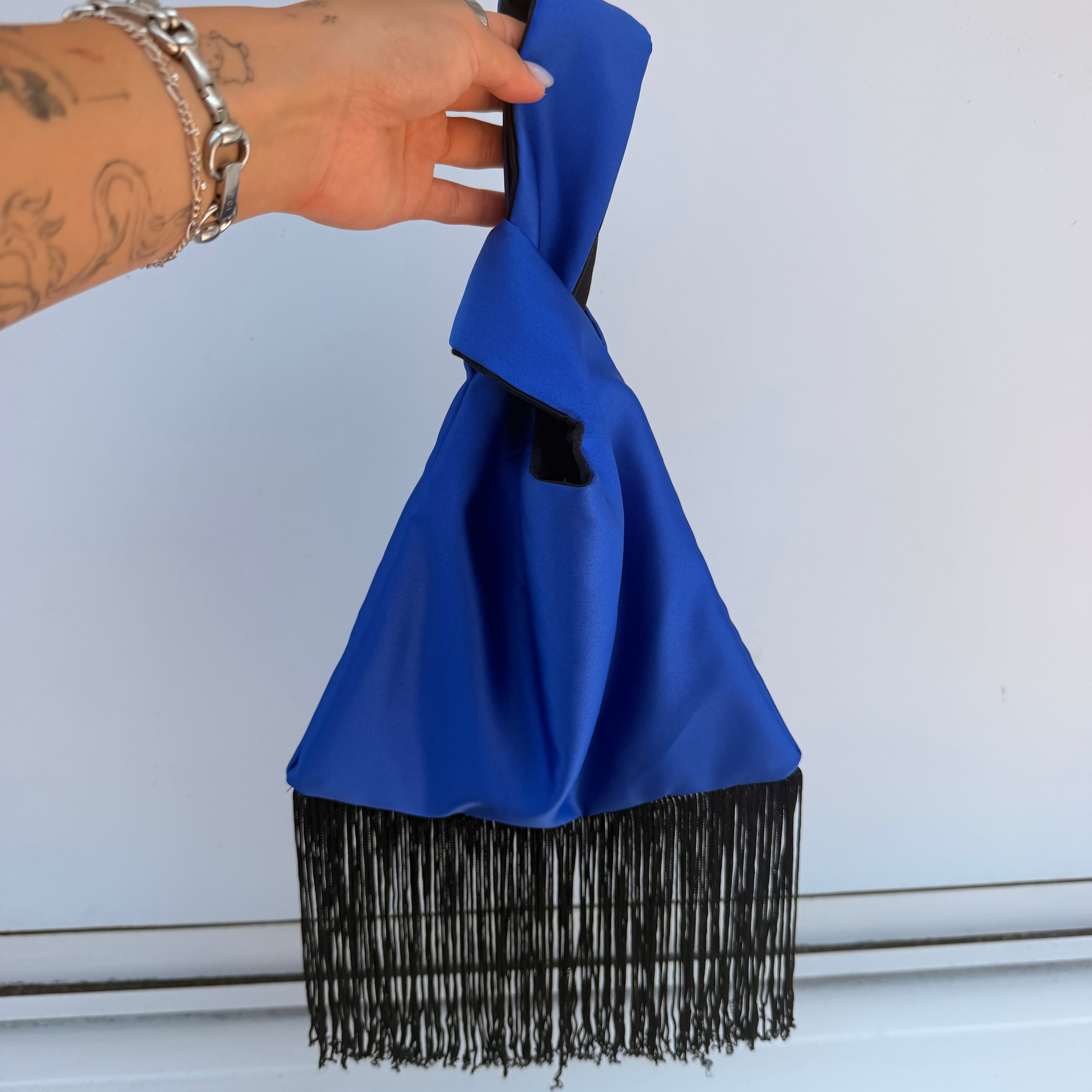 Royal Blue and Black Fringe Japanese Knot Bag