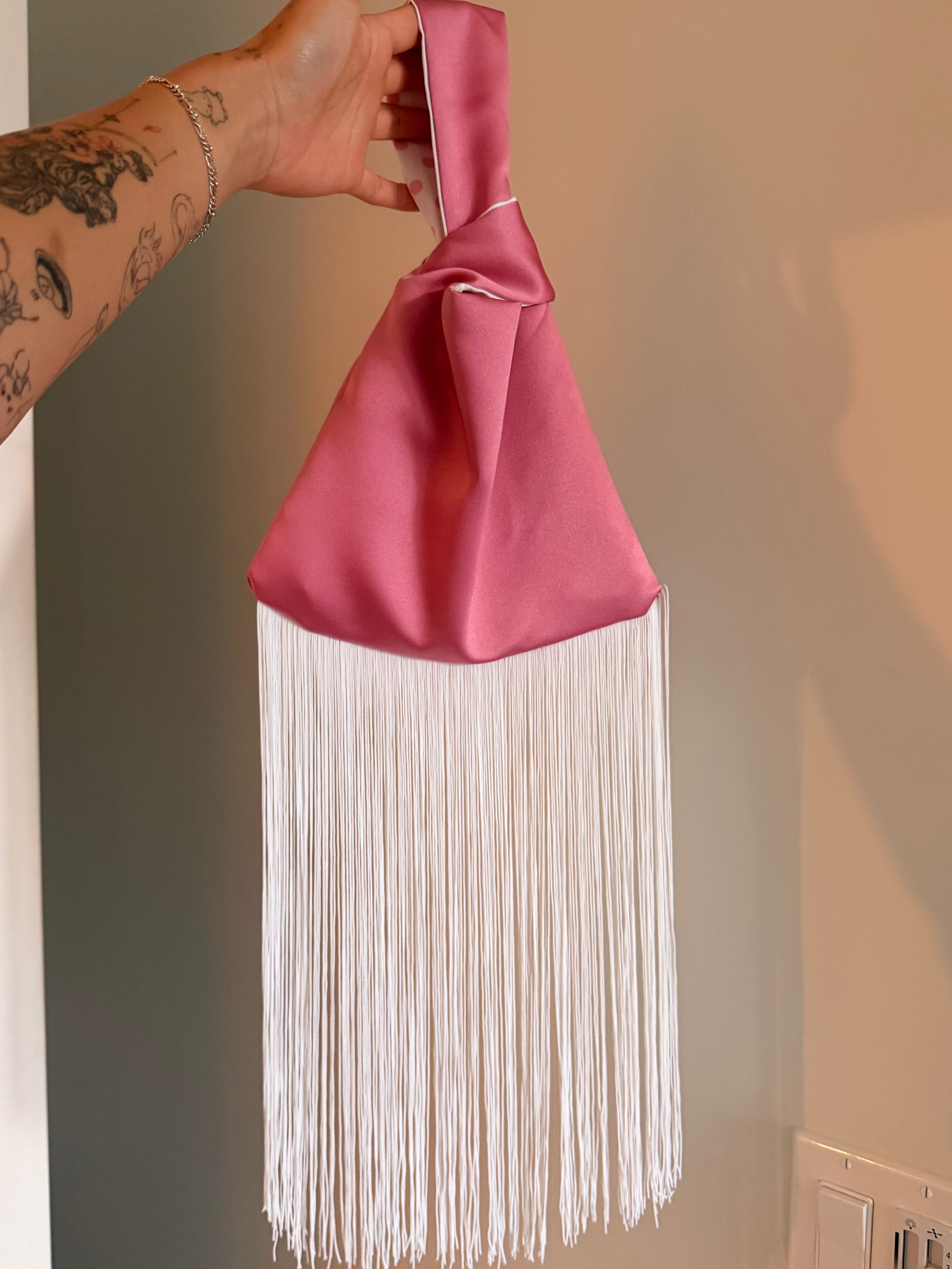 Mauve and White Fringe Japanese Knot Bag